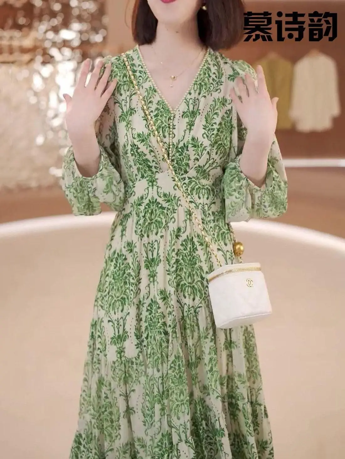 Mingyuan فستان زهري صيفي نمط جديد فانوس الأكمام الخامس الرقبة الخصر cinched لتغطية فستان التخسيس مزاجه البطن