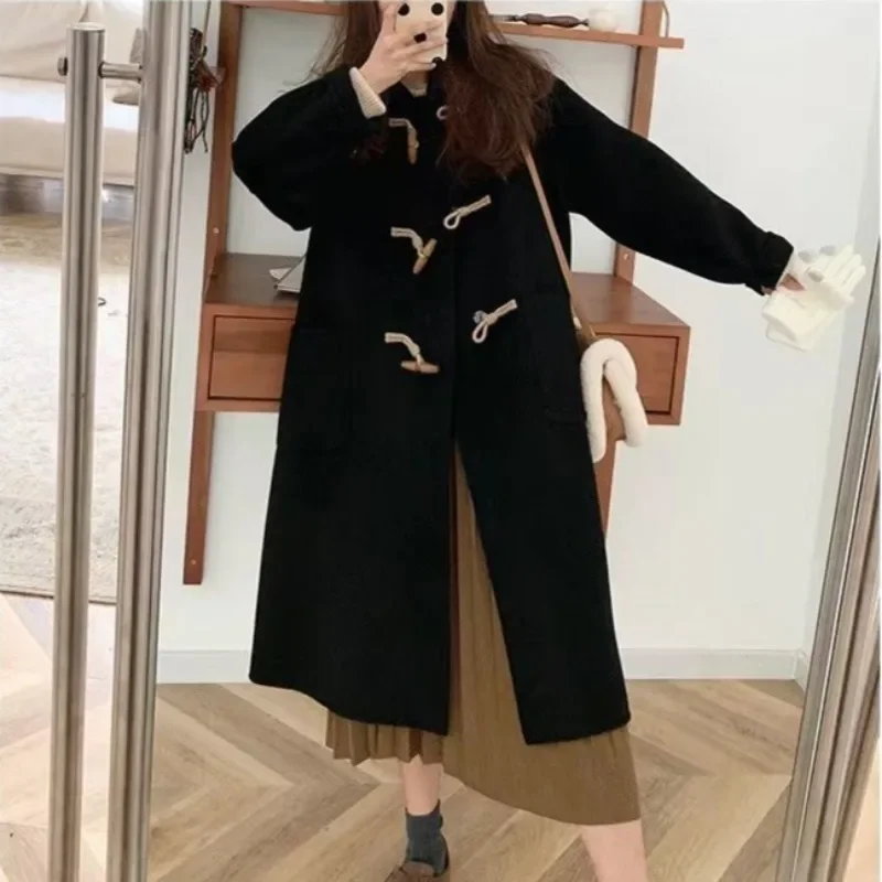 Women Chic Horn Button Long Blends Coats Solid Colors Warm Autumn Winter Coats Big Pockets Elegant Commute Outwears New Parkas