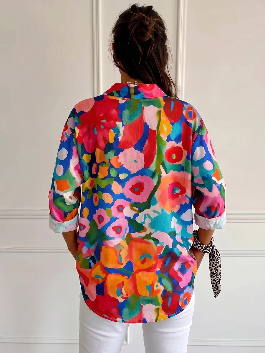 Women Fashion Plus Size Floral Print Blouse Loose Button Down Shirt Vintage Abstract Colorful Art Long Sleeve Casual Top image 2