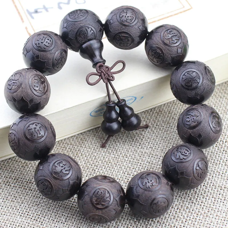 Natural Solid Wood Ebony Bracelet Carving Buddha Beads Wood String Play Purple Sandalwood Hand String Jewelry Gifts Wholesale