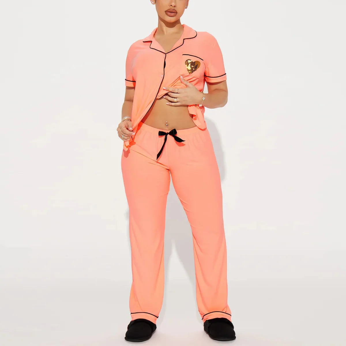 

Women Pajama Sets Two Pieces Sleep Lounge Single Breasted Print Embroidery Blouses Loose Straight Pants Ankle Length Casual