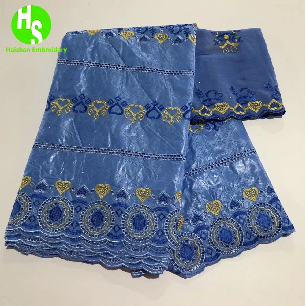 African New Design Bazin Embroidery Fabric Dresses for Women 5+2 Yards High Quality Pure Cotton Bazin with Scarf