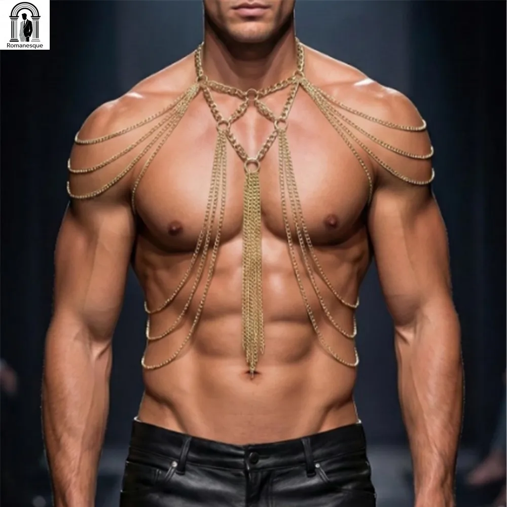 Men's Gold Multi-layer Body Chain Harness Tassel Tassel Chest Chain Necklace Gothic Punk Rave Party Clubwear