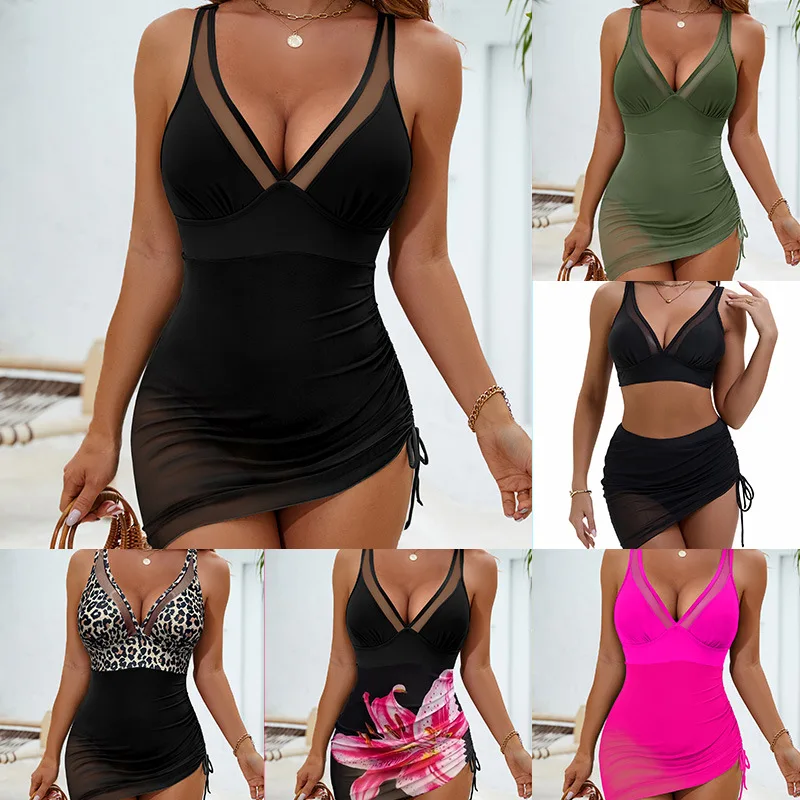 

Sexy Halter V-neck Swimsuit for Women Mesh Splicing Side Drawstring Detachable Chest Pad Close-fitting One-piece Swimming Skirt