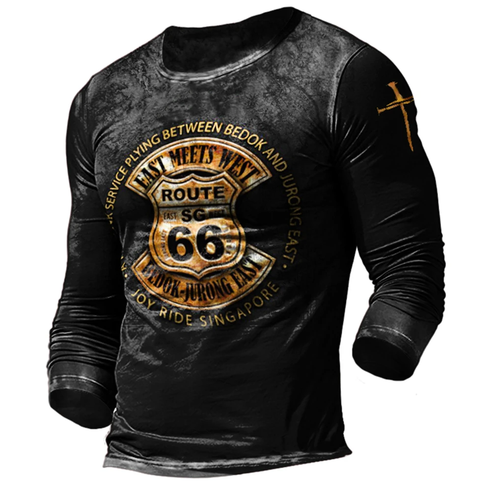 Vintage Motorcycle T-shirts For Men 3D Long Sleeve Route 66 Letter Print Biker T Shirt casual Oversize Tee Shirt Men Clothing