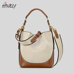 New Panelled Canvas Bucket Bag Designer Women Handbags Luxury Vegan Leather Shoulder Crossbody Bags with Wide Strap Tote Purses