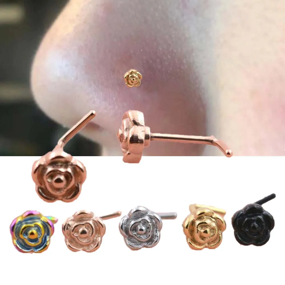 Piercing de Tragus de acero inoxidable con personalidad para hombres, flor rosa, nariz, perno prisionero, anillo de labio, accesorios, joyería corporal