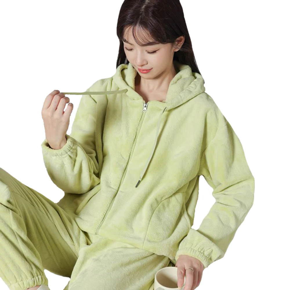 Flannel Warm Pyjamas Set for Women Comfy Soft Lounge Sets Solid Color Hooded Top and Long Pants 2pcs Pjs Sleepwear Pajamas Sets