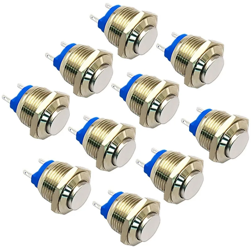 

10PCS 16mm 2A 36V High Round Cap Waterproof Momentary Stainless Steel Metal Push Button Switch High Flush Screw Terminals