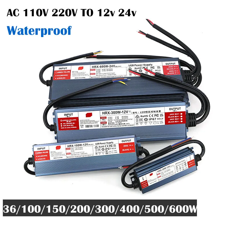 AC to DC 12V 24V IP67 Waterproof led strip Lighting Transformer Driver Outdoor Power Supply adapter 36/100/200/300/400/500/600W