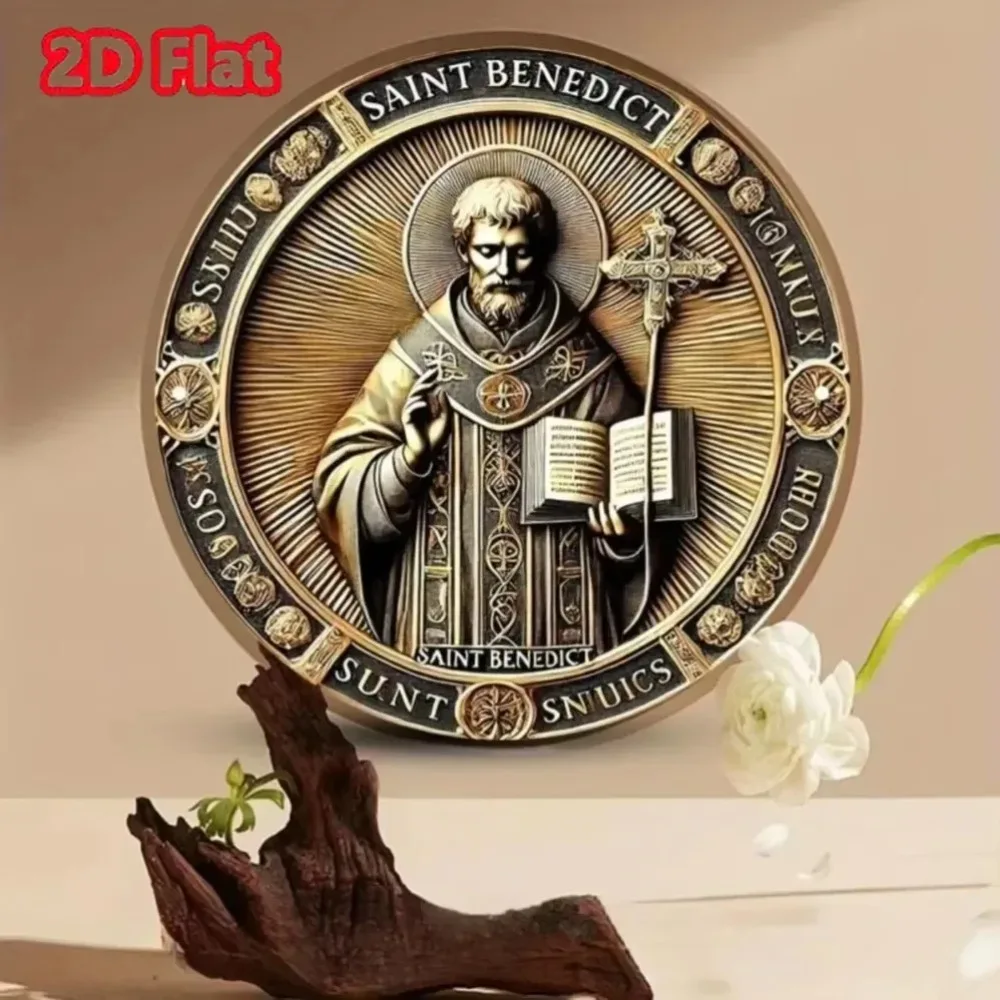 Vintage Saint Benedict Religious Round Metal Tin Sign – 2D Flat Products Design with Enhanced Depth & Artistic Detailing, Featur