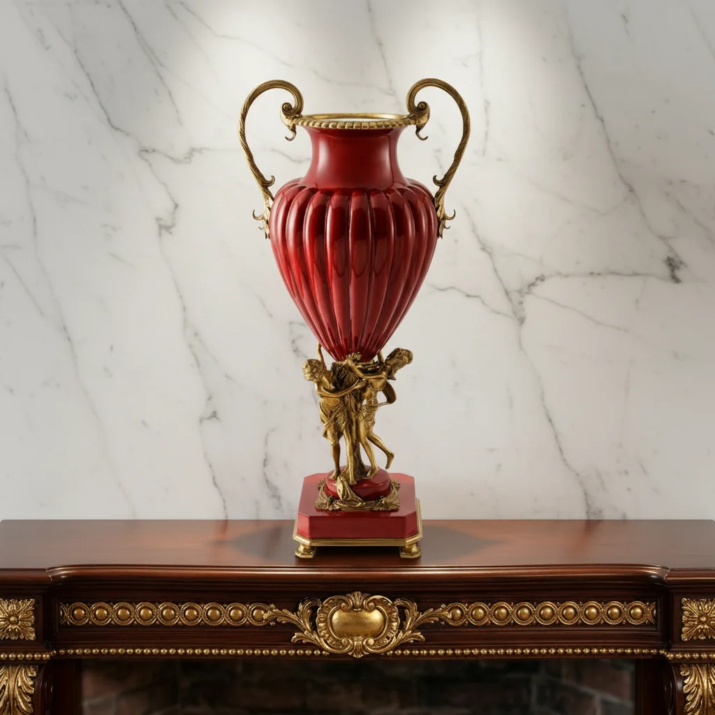 &c Large Green Ceramic Tabletop Vase Luxury Copper Porcelain with Classic Art Flower Design Traditional Home Decor