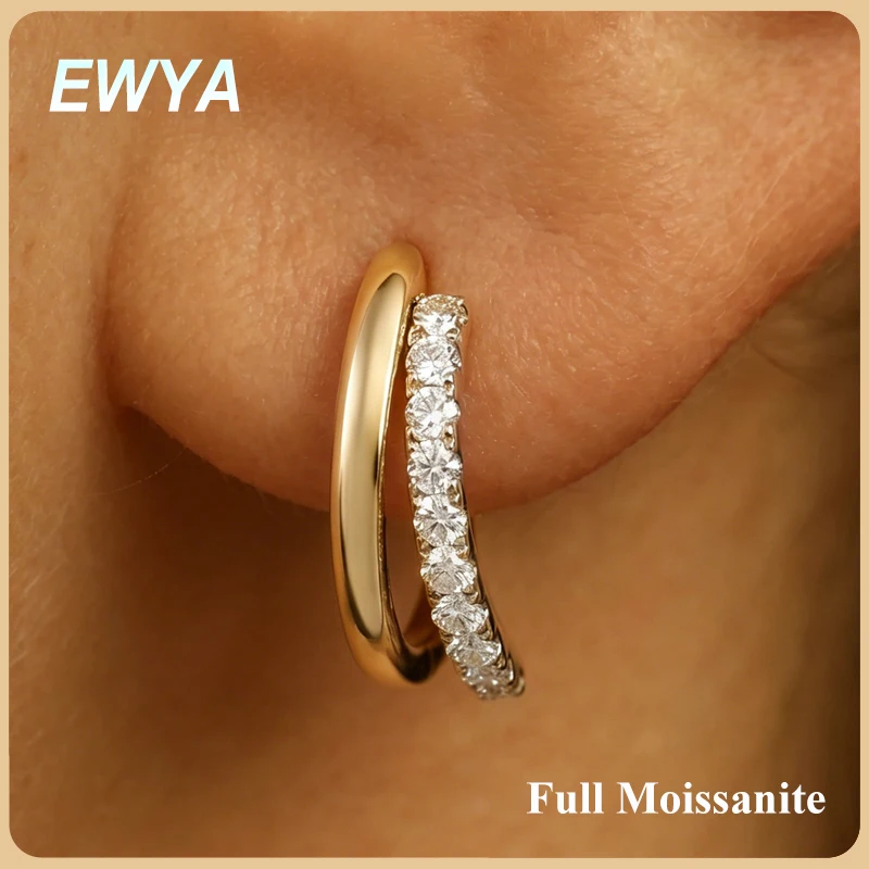 

EWYA Dainty Full D Color Moissanite Hoop Earrings Two Row Women Man S925 Silver Pass Diamond Test Party Small Ear Buckle Gift