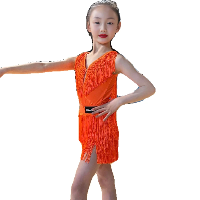 Orange Full Fringed Suit Girls Latin Dance Perofrmance Costumes Sleeveless Chacha Tassels Top Samba Skirts Stage Dresses SL10081