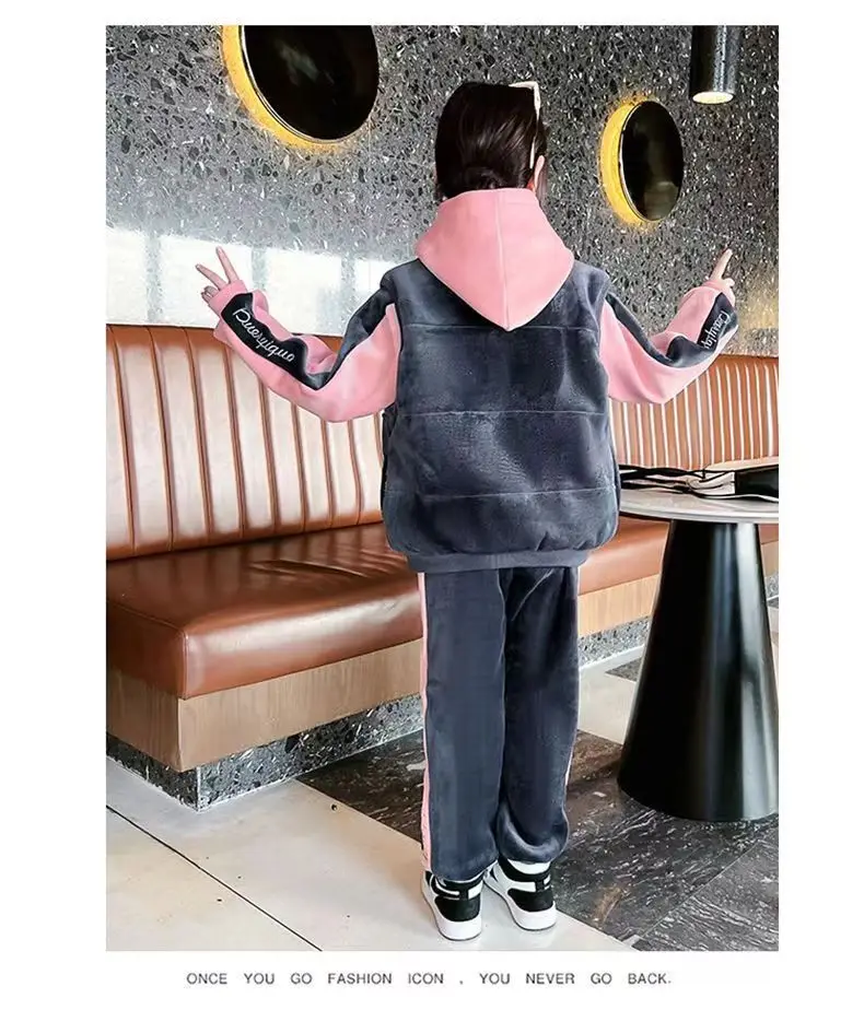 2023 winter girls tracksuit Autumn Toddler Teenager Clothes velvet jacket vest + hooded + strip Pant Children Kids 10 11 12 year