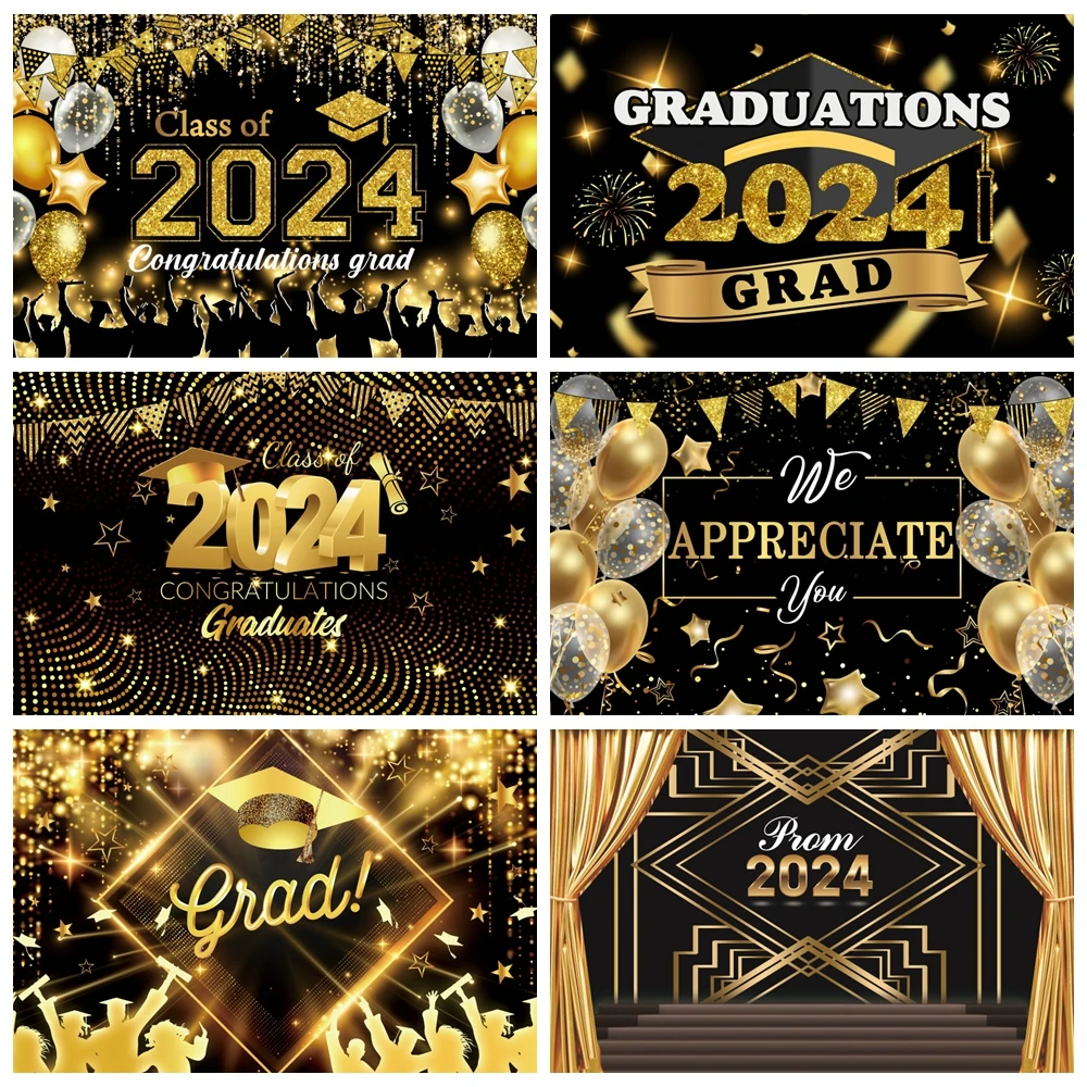 

Class of 2024 Graduation Backdrop for Photography Glitter Balloons Bachelor Cap Congrats Grad Prom Party Photo Background Decor