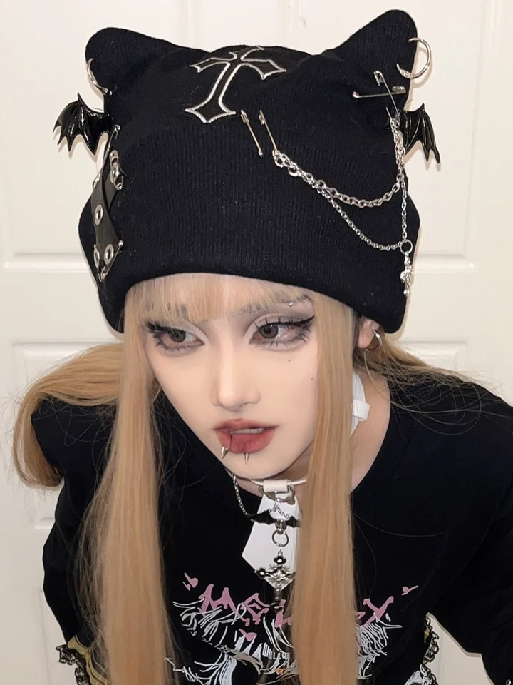 女性のためのゴシックパンクスタイルの猫の耳の帽子,ロックチェーン