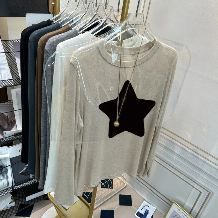 

2026 New round Neck Base Shirt Spring Autumn Slim Fit Silk Long Sleeve T-Shirt Women Five Star Print Top Casual Style