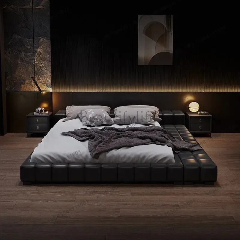 

Modern King Beds Frame Light Luxury Ecological Leather Double Bed 2 People Technology Velvet Art Bed Bedroom Tatami Bed Floor