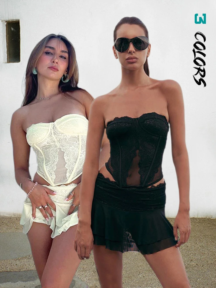 

Женские летние комплекты одежды из 2 предметов без бретелек с кружевом Y2K, укороченные топы без рукавов с лямкой на шее и открытой спиной + мини-юбка с цветочным принтом, уличная одежда для вечеринки