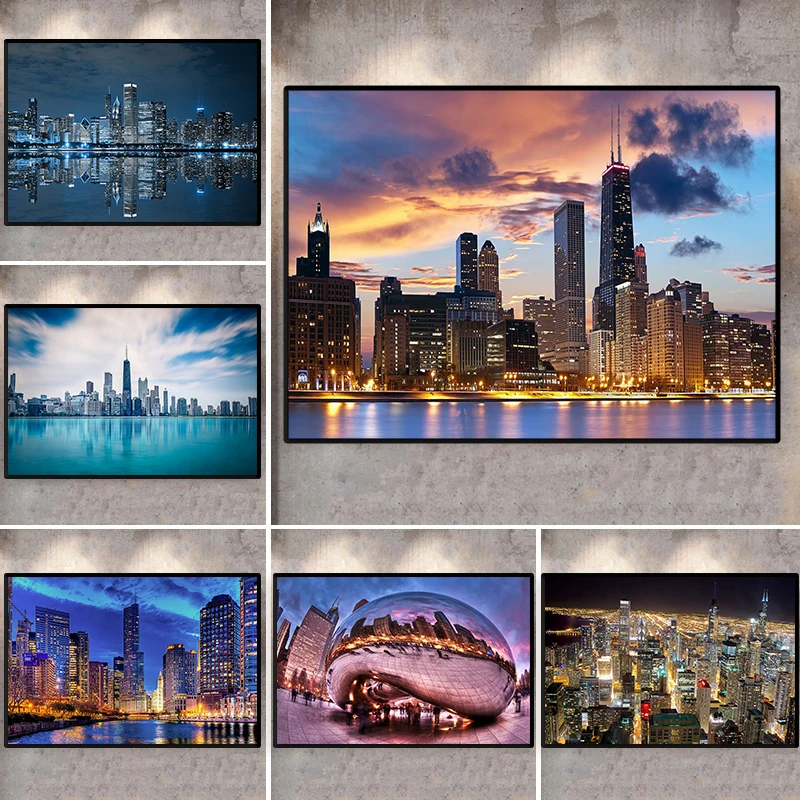 Skyline of Chicago Canvas Art Prints Night View City Posters and Prints Canvas Painting for Bedroom Home Cuadros Decor Unframed