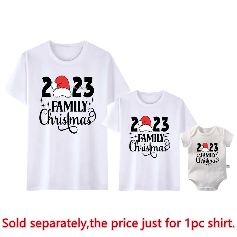 2023 Family Christmas Shirts Cotton Family Matching Outfits Dad Mom Kids Tshirts Baby Rompers Matching Pajamas Xmas Clothes Gift