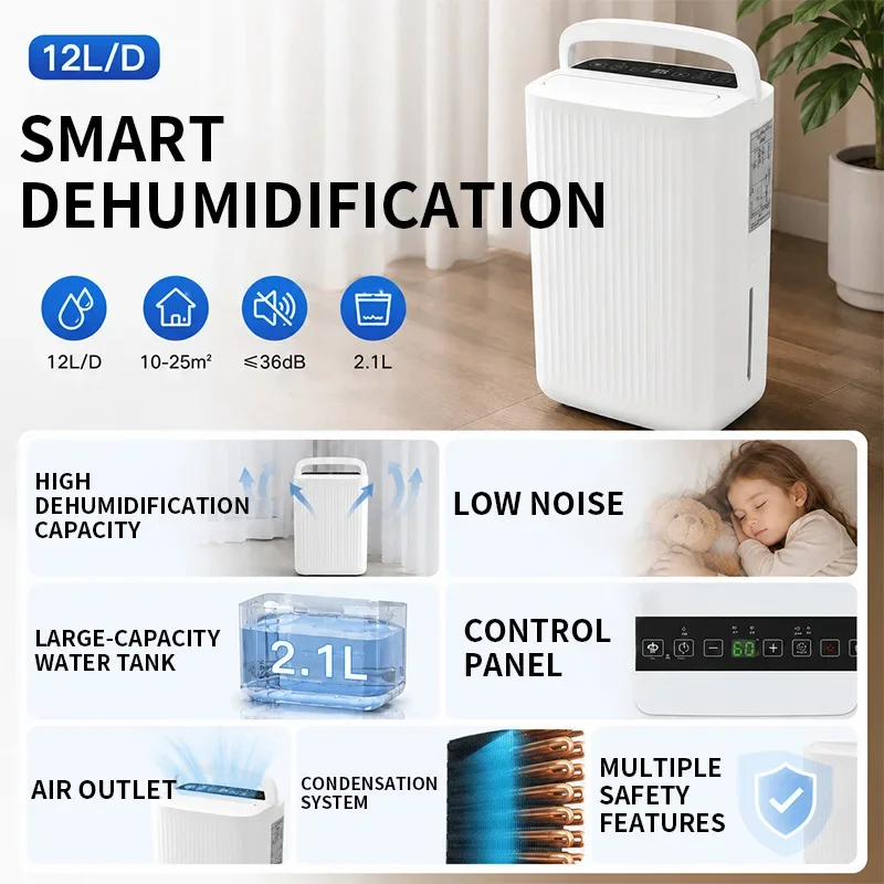 12L/24H Portable Air Dryer, 2.1L Water Tank, Compressor Dehumidifier—for Bedrooms, Bathrooms, Basements