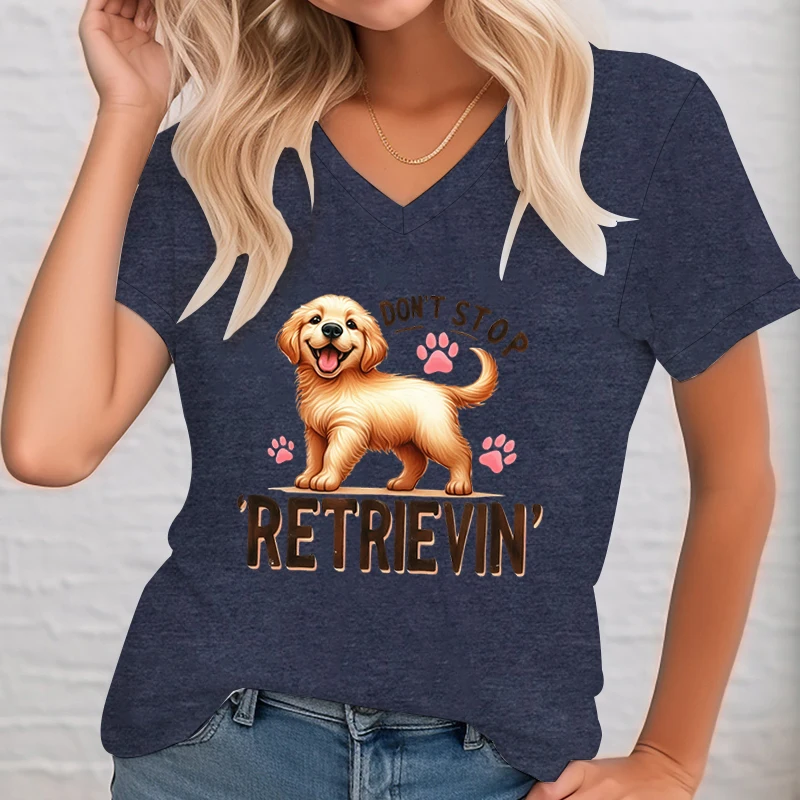 Women\'s T-Shirt Cute Golden Retriever Dog Short Sleeve V-Neck Shirt Fashion Loose Short Sleeve Tee Funny Dog Paw Pattern T Shirt