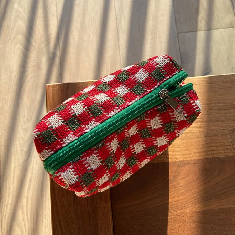 New Cosmetic Bag Knitted Red Green Plaid Large Capacity Makeup Bag Storage Pouch Pen Bag Travel Portable Wash Bag Christmas Gift