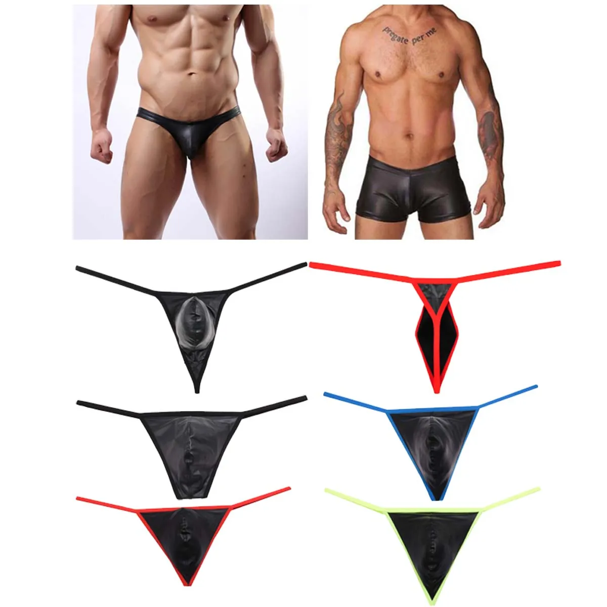 Herren PU Tanga Sexy Kunstleder G-String Minihose Stretch Boxershorts Elastische Tangas Unterwäsche Atmungsaktive Dessous Unterhose