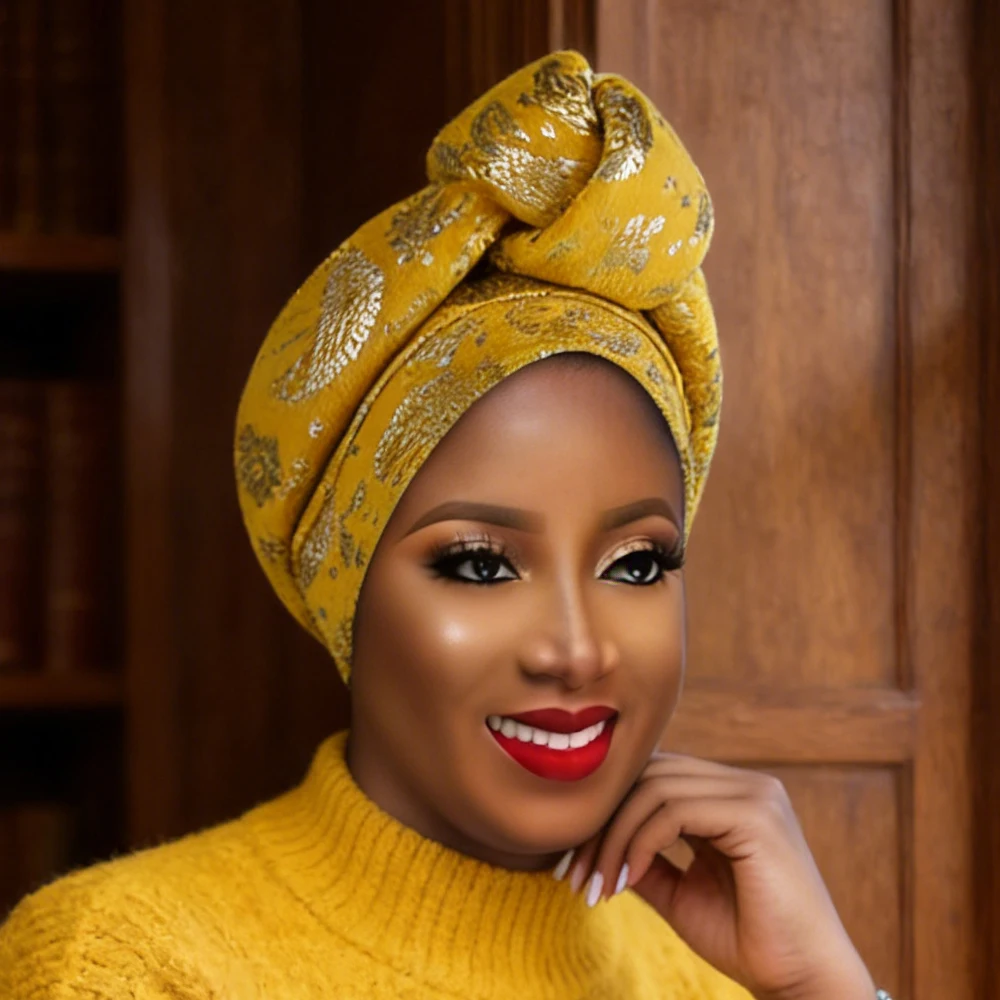 

Glitter Top Knotted African Headtie Women Turban Cap Auto Gele Head Wraps Nigerian Wedding Geles Bonnet Already Made Headgear