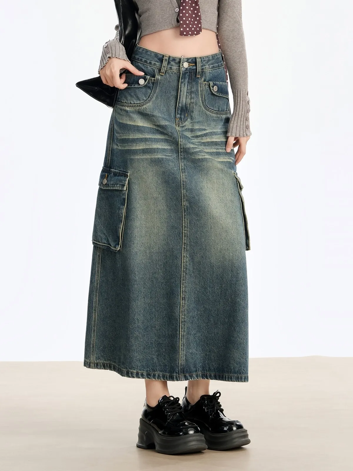 

ZHISILAO Vintage High Waist Long Denim Skirt Women Casual Classic Cargo Jeans Skirt Autumn 2024