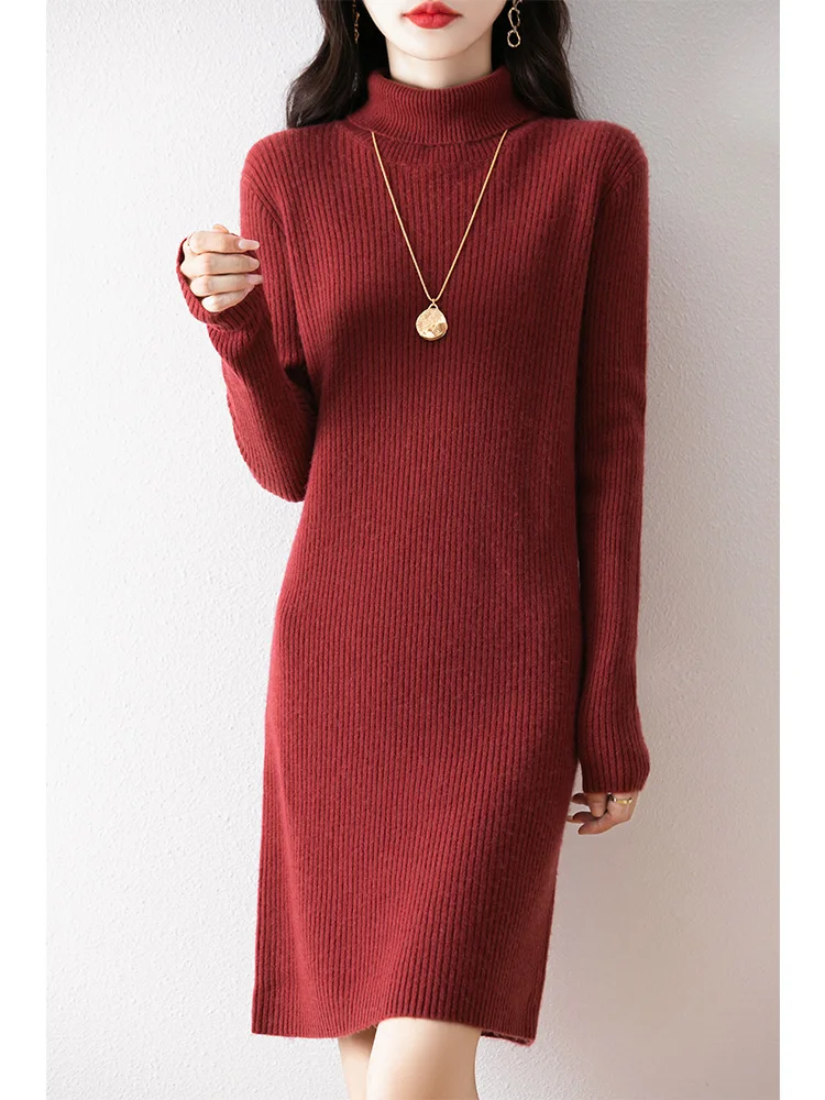 

100% Merino Wool Women Turtleneck Mid-long Pullover Sweater Dress Autumn Winter Solid Color Slim Fit Above-Knee Mini Knit Dress