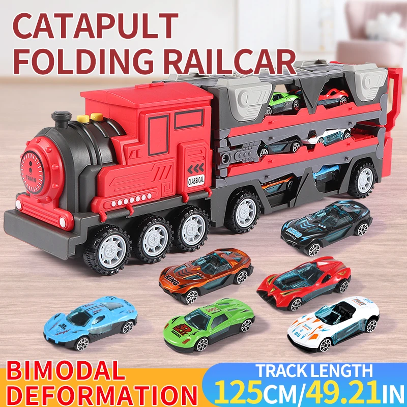 Ejection Rail Car Deformation Folding Storage Container Car Children\'s Pull Back Toy Car Alloy Car Train Toy Christmas Halloween