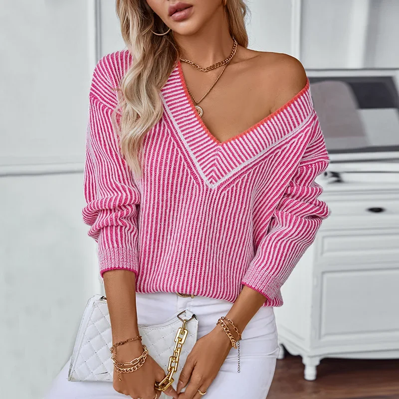 Women Sweaters Striped  Long Sleeve V Neck Knitted Pullovers Patchwork Loose Jumpers Outwear Elegant Slight Strech Sexy