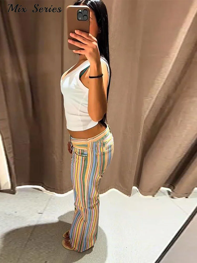 Fashion Color Block Rainbow Stripe Jeans Women's Low Rise Wide Leg Zippers Pant… - Image 6