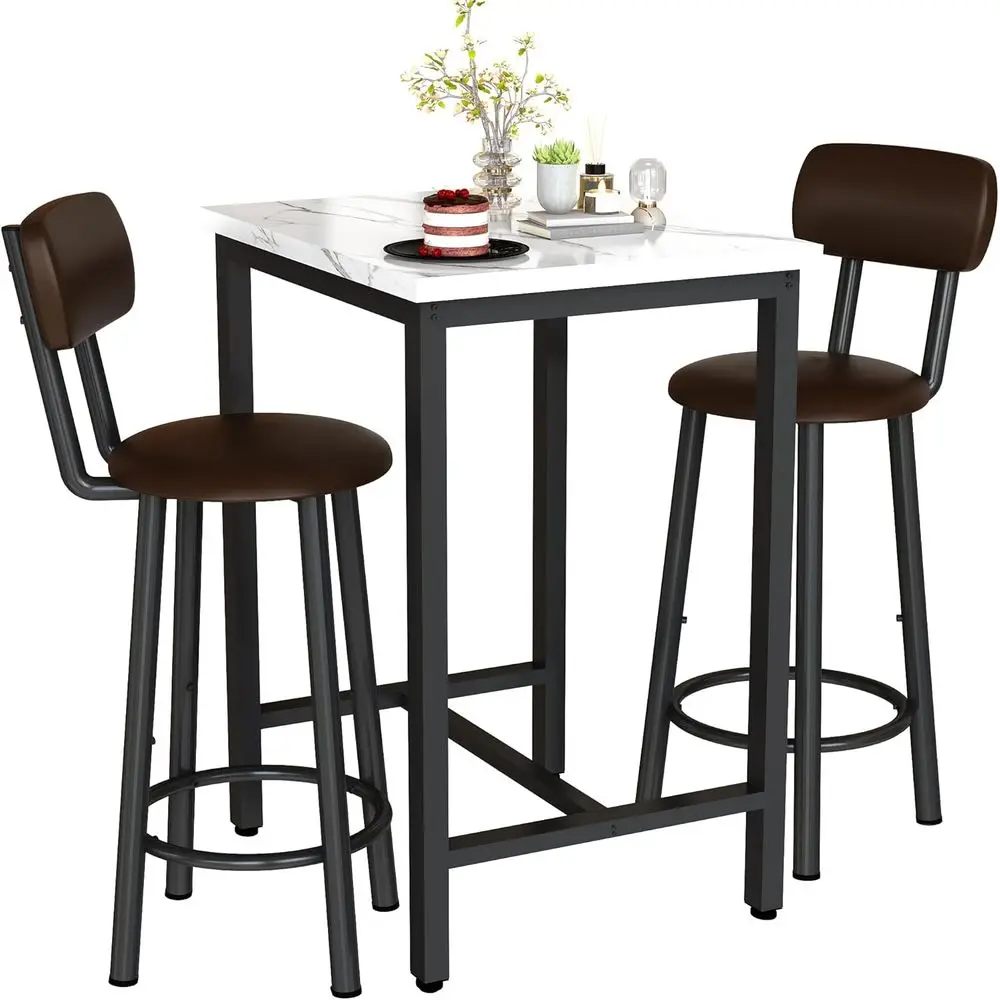 

White 24 Square MDF Dining Table Set for 2 with PU Leather Chairs, Ideal for Small Spaces in Kitchen, Bar, or Living Room