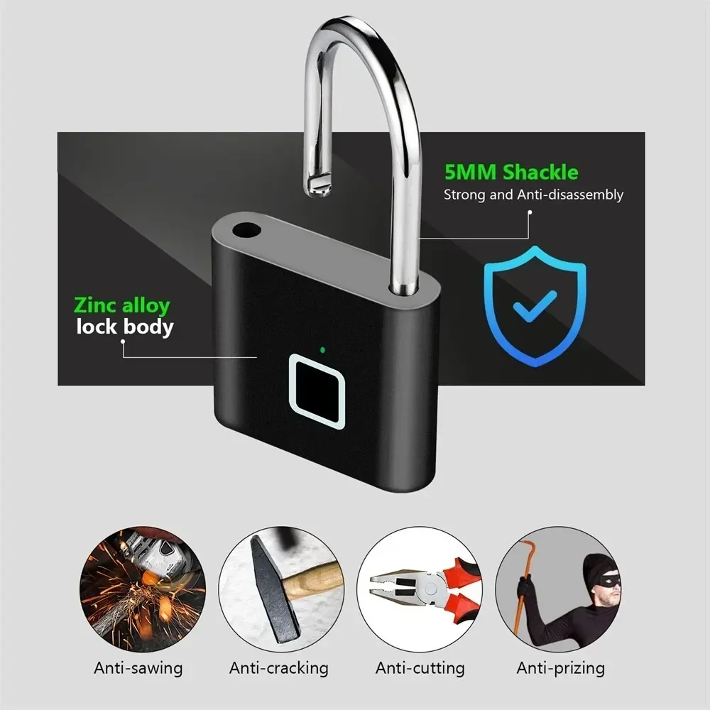 Keyless Smart Lock Fingerprint Padlock Waterproof Door Lock USB Charging 0.2sec Unlock Outdoors Portable Anti-theft Padlock Zinc