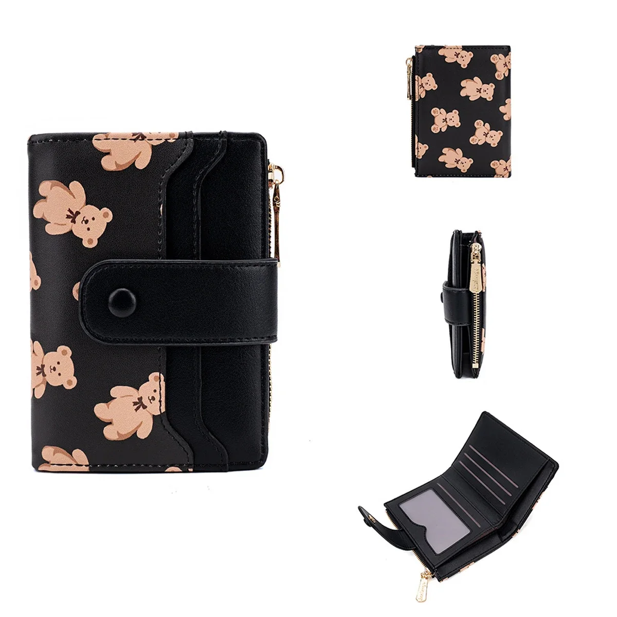 

Women Short Wallets PU Leather Female Bifold Purses Cute Bear Card Holder Wallet for Girl Small Zipper Wallet with Coin Purse