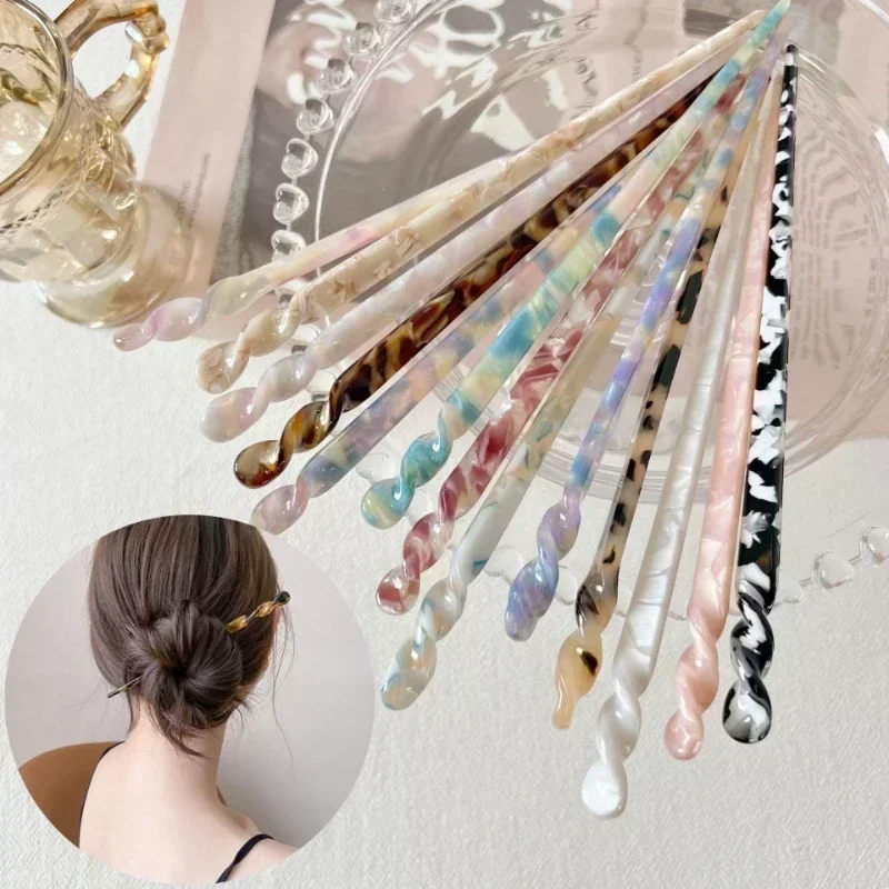 New 2026 Vintage Acetate Hair Lady Sticks Set Multi-Color Twisted Hairpins For Bun Updo Elegant French Women Hair Accessories