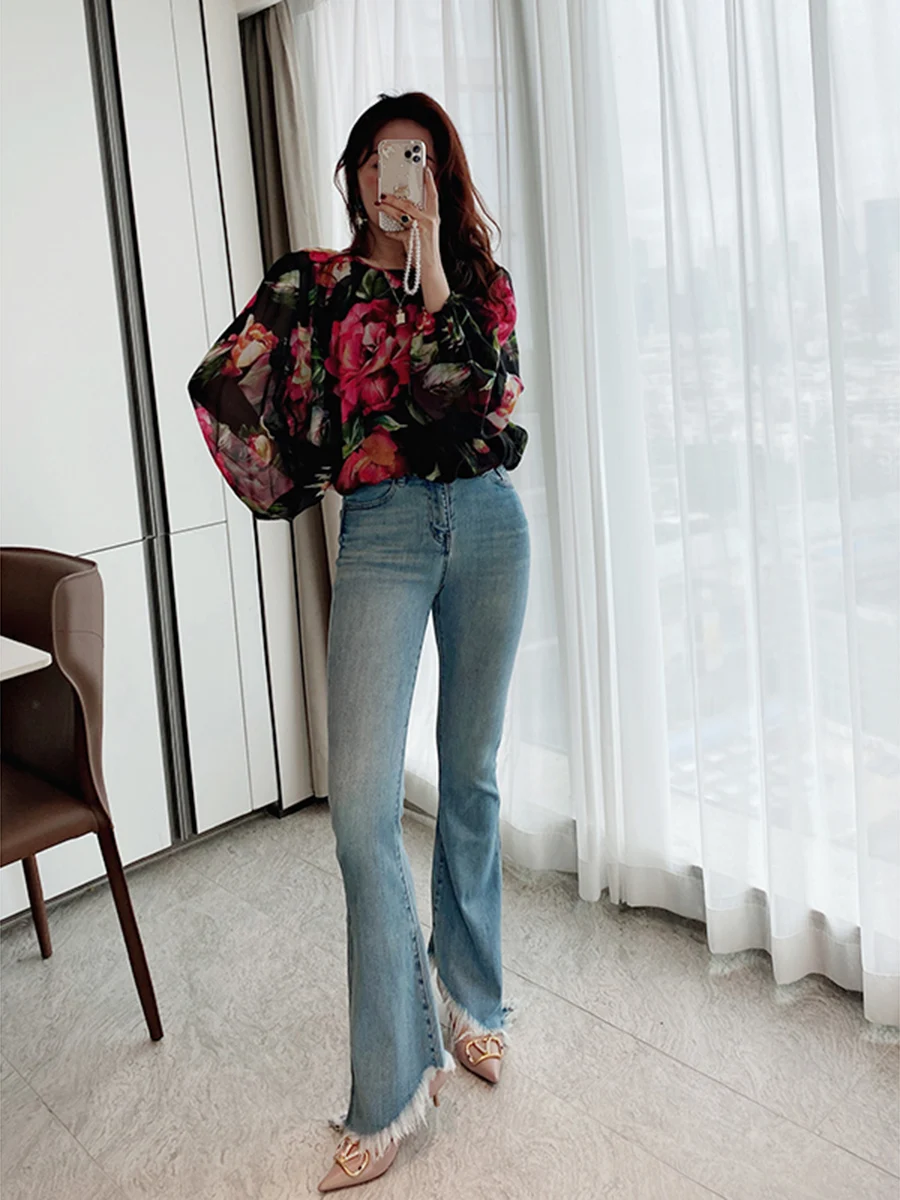 

Джинсы с эффектом похудения Bluebell Spiral, с высокой талией, из эластичного хлопкового денима, удлиненные, светло-голубые, фасон Bell Bottom