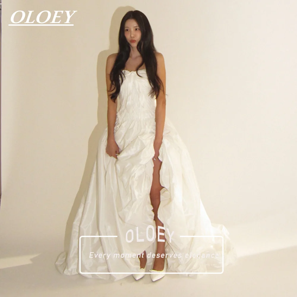 OLOEY Elegant Pleated Soft Satin Wedding Dress Korea Photo Shoot Strapless A Line Bridal Gown Robe De Mariage Customized