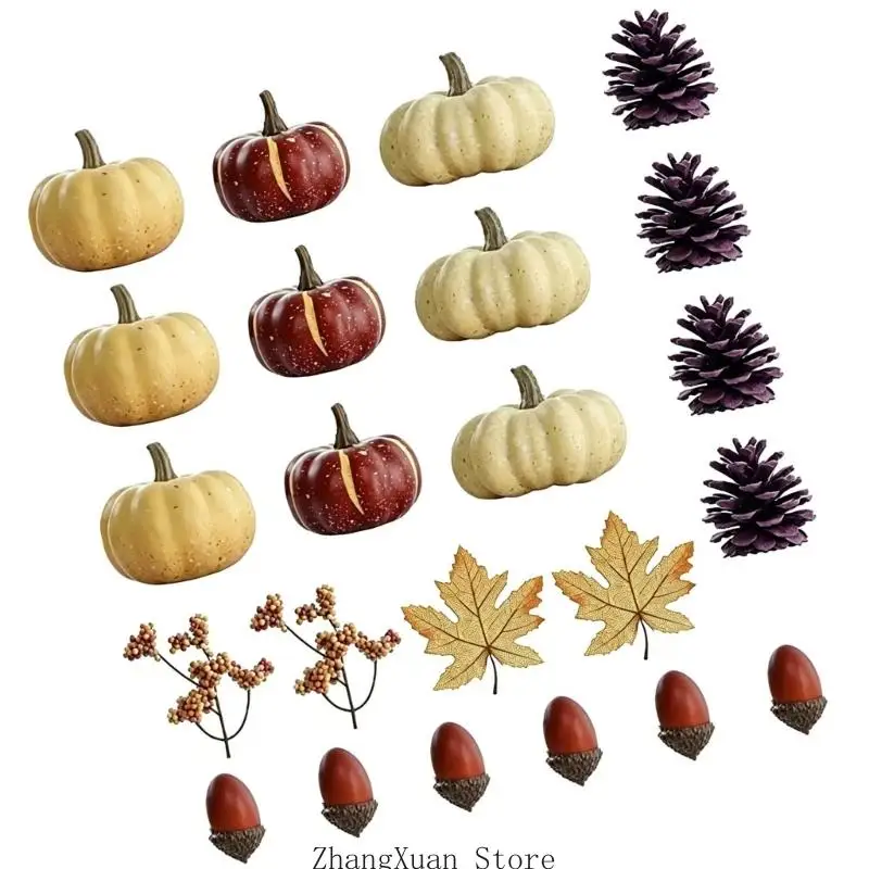 Saisonales Arrangement-Set für den Innenbereich mit künstlichen Kürbissen für die Regalpräsentation 3XUF – Detail 3