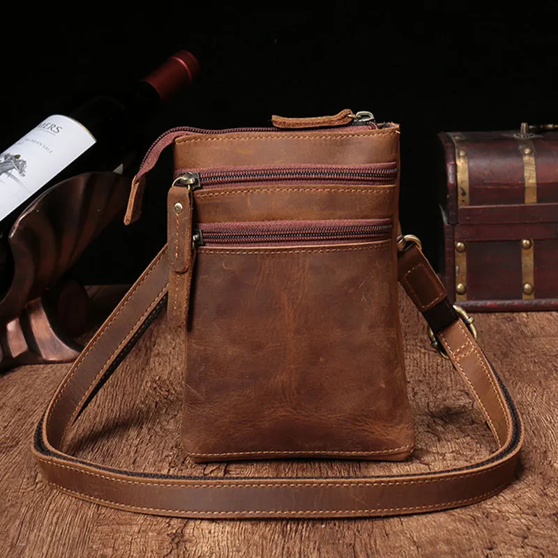 Vintage Style Men's Crossbody Bag Leather Waist Bag Multi-Layered Vertical Cowhide Single Shoulder Small Bag for Youth Casual