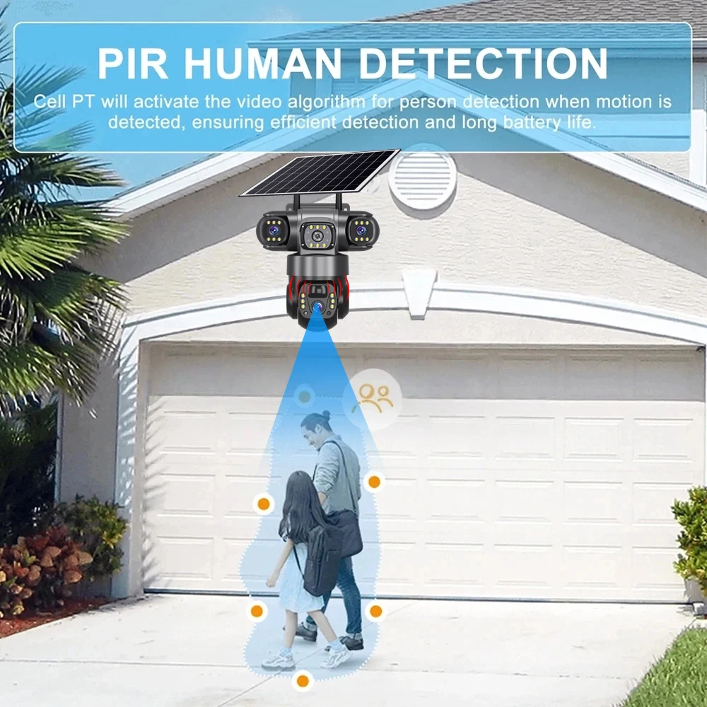 Telecamera wireless ad energia solare Video HD da 12 MP Rilevazione movimento PIR Visione notturna Design resistente alle intemperie App V380 Telecamere di sicurezza Wifi