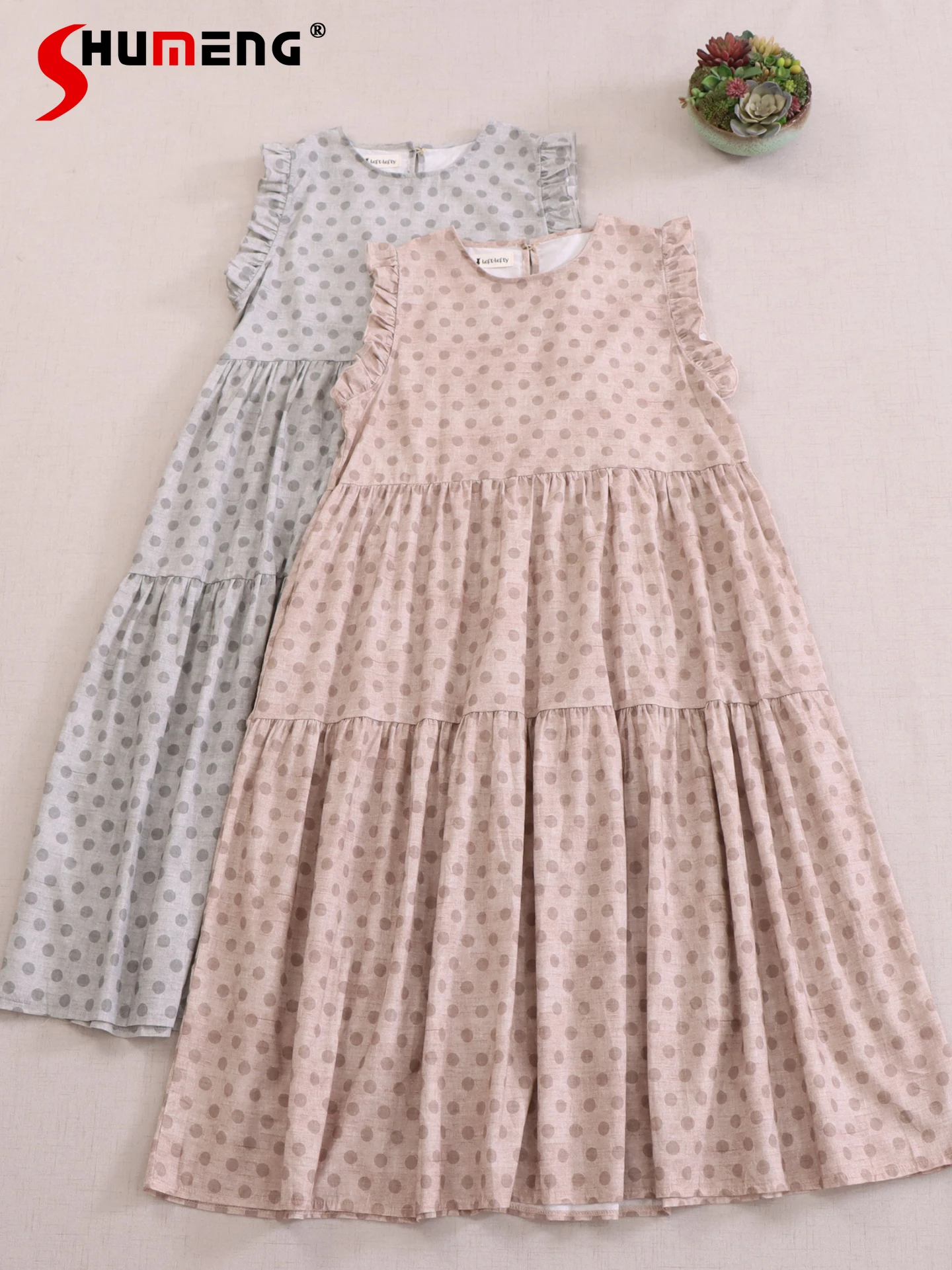 

Japanese Sweet Mori Girl Oversized Tank Dress Round Neck Flying Sleeves Dot Printing High Waist Loose Casual Retro Dress Women