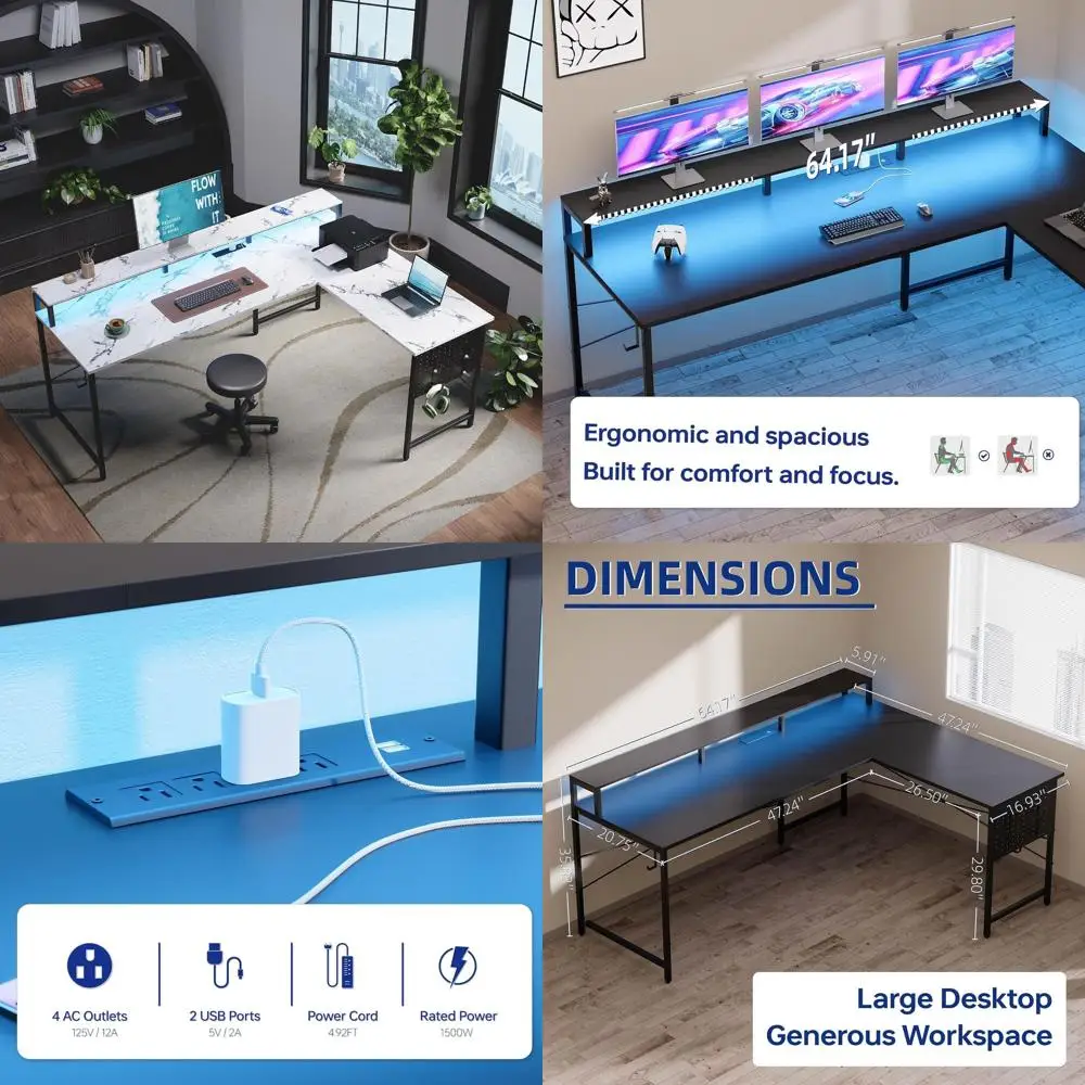 64 L-Shaped Gaming Desk with LED Lights and Power Outlets, Spacious Computer Desk with Monitor Stand, Marble Top for Home Office