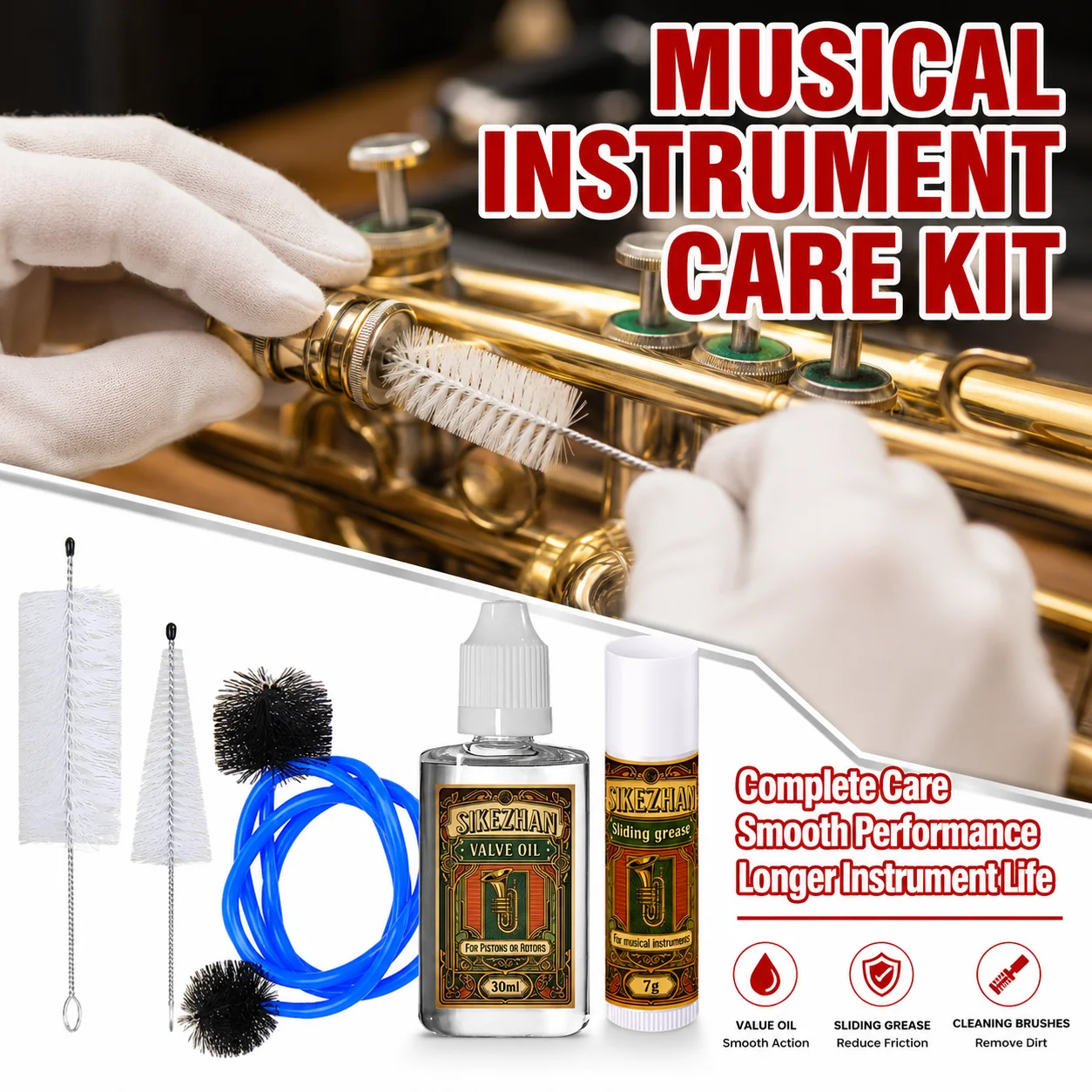 Kit de Cuidados para Instrumentos de Sopro SIKEZHAN: Óleo para Válvulas, Graxa Deslizante e Escova Flexível para Trompete, Trombone, Trompa Francesa e Tuba