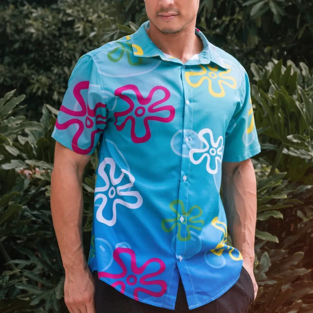 Summer Men Colorful Flower Printed Hawaiian Shirts Turquoise Short Sleeve Button Down Shirt Beach Holiday Casual Tops