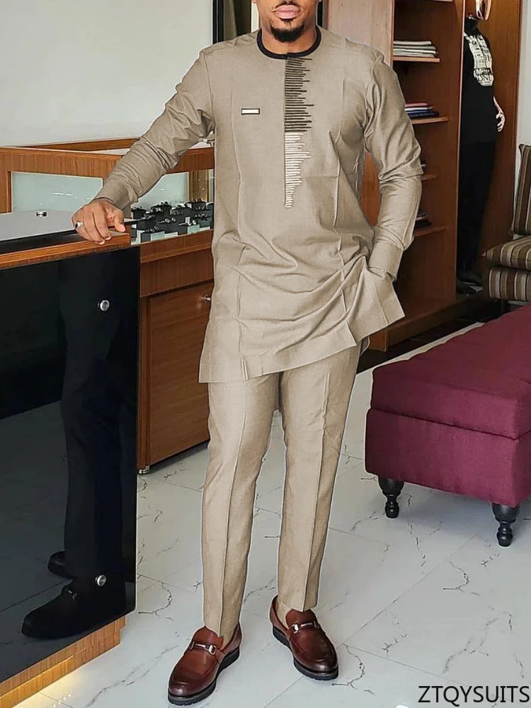 

New Dashiki Men's Set Brown Round Neck Long Sleeve Luxury Brand Men's Suit Casual Slim Fit Men's Set Wedding Evening Suit
